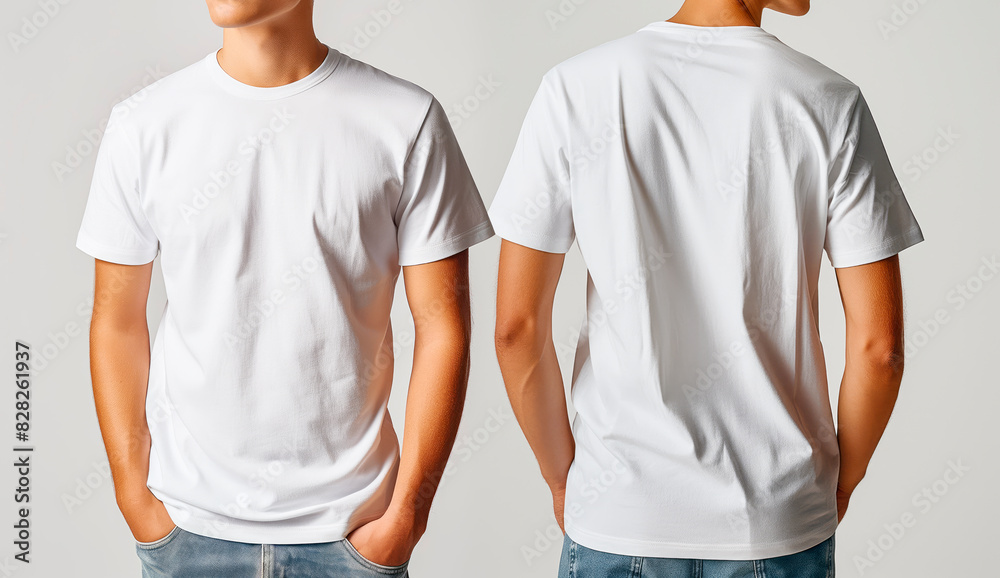 Poster two male models wearing blank white t-shirts, front and back view on a neutral background, mockup fo