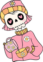 Cute Retro Barista Girl Doodle Groovy Skull Illustration in Pastel Colors