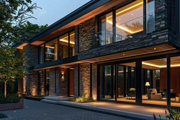 Obraz premium Luxury UK Home with Brick & Wood Cladding and Glass Front Door at Night