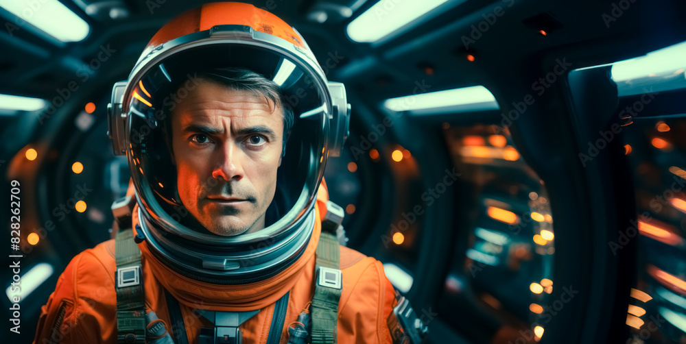 Poster an astronaut in an orange suit with a helmet, against a spacecraft interior background, capturing th