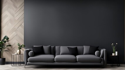 Living room in gray and black, Minimalist design with blank empty dark interior, graphite modern sofa, herringbone beige accent, 3D render
