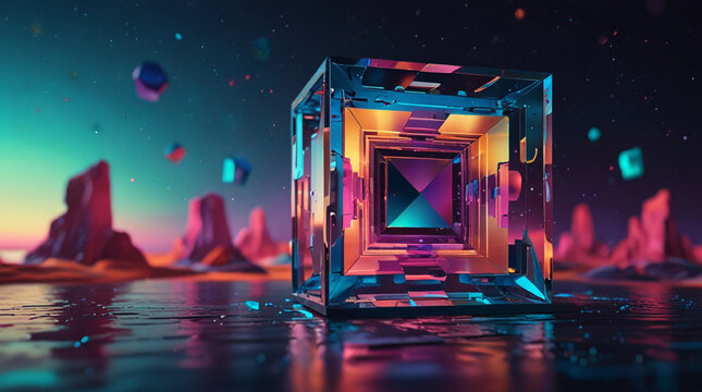 Abstract 3D background with a central holographic tesseract
