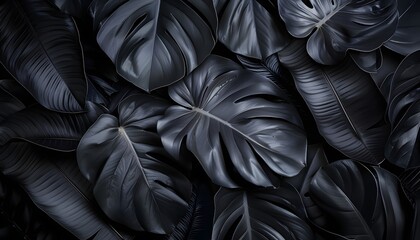Obraz premium Abstract black background with large leaves of a tropical plant, dark abstract texture for a design and nature concept