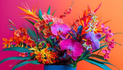 Colorful tropical flowers, orchids and foliage in blue planter with vibrant pink purple orange green backdrop