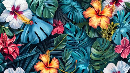 Lush tropical leaves and bright flowers in a detailed, high-reso