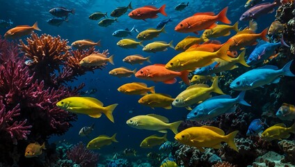  A vivid underwater scene teeming with colorful fish ai_generated