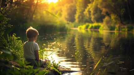 A young boy sitting on the edge of a lake. He is wearing a white shirt and brown shorts and is looking out at the water. There are trees and plants in the background.

