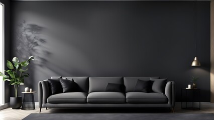 Living room in gray and black, Minimalist design with blank empty dark interior, graphite modern sofa, herringbone beige accent, 3D render