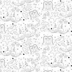 Patterrn Black and white kids funny animal. love story. dragon, whale, dolphin, bird, cloud, envelope, hearts
