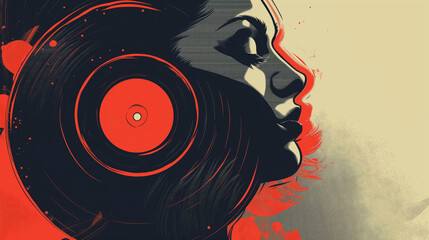 Abstract Artistic Portrait of a Woman with Vinyl Record Fusion - A Modern Interpretation of Music and Identity in Bold Red and Black Tones