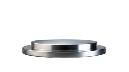 Sleek Silver Podium – Round Base: A modern, sleek silver metal podium with a round base, perfect for showcasing luxury products.
