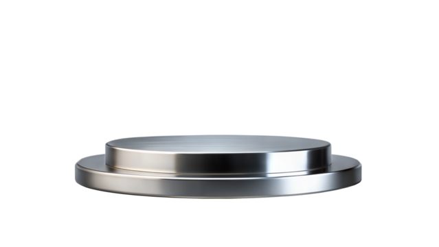 Sleek Silver Podium – Round Base: A modern, sleek silver metal podium with a round base, perfect for showcasing luxury products.
