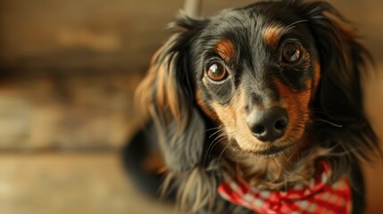 Small long haired dachshund dog with a red bandanna around its neck