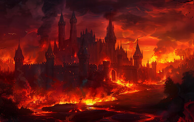 flames are rising from a castle on a hill with a river running through it