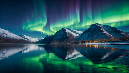 Beautiful landscape with a calm lake surrounded by mountains with the magical northern lights dancing the night sky