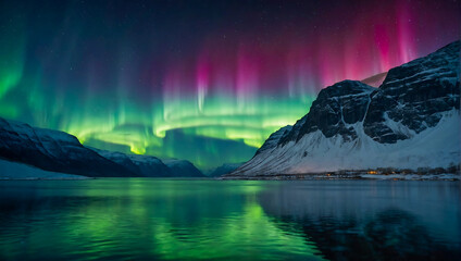 Beautiful landscape with a calm lake surrounded by mountains with the magical northern lights dancing the night sky