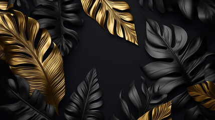 a close up of a black and gold leaf background with a black background