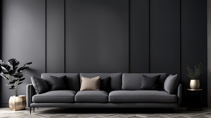 Living room in gray and black, Minimalist design with blank empty dark interior, graphite modern sofa, herringbone beige accent, 3D render
