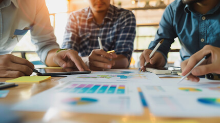Fototapeta premium Professional business team working on a project together in the office Using economic growth charts and network connections to accompany the data. in analyzing future trends