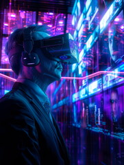 Obraz premium Businessman wearing VR goggles, interacting with a 3D virtual conference room, with avatars of colleagues.