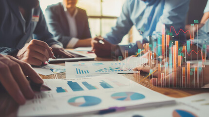 Professional business team working on a project together in the office Using economic growth charts and network connections to accompany the data. in analyzing future trends