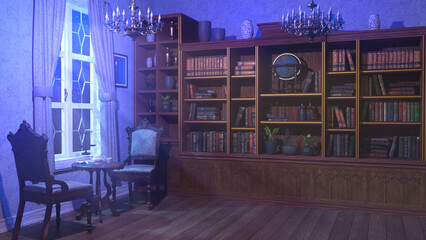 月明りが差し込む書斎, 研究部屋, 魔法の研究部屋, ファンタジー背景, 中世ファンタジー