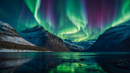 Beautiful landscape with a calm lake surrounded by mountains with the magical northern lights dancing the night sky