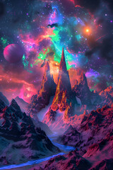 Fototapeta premium A colorful painting of a mountain with a river and a large tower in the middle. The sky is filled with stars and planets