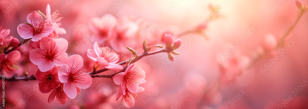 Poster blooming pink flowers with a soft focus on a blurred red background, symbolizing spring. generative 