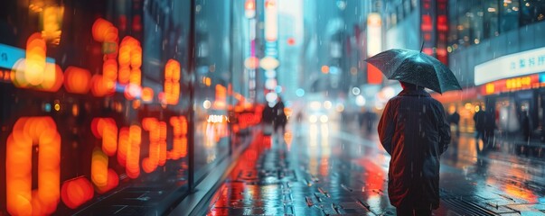 Person with umbrella walking past illuminated digital stock tickers on a rainy city night, creating a vibrant, reflective atmosphere.