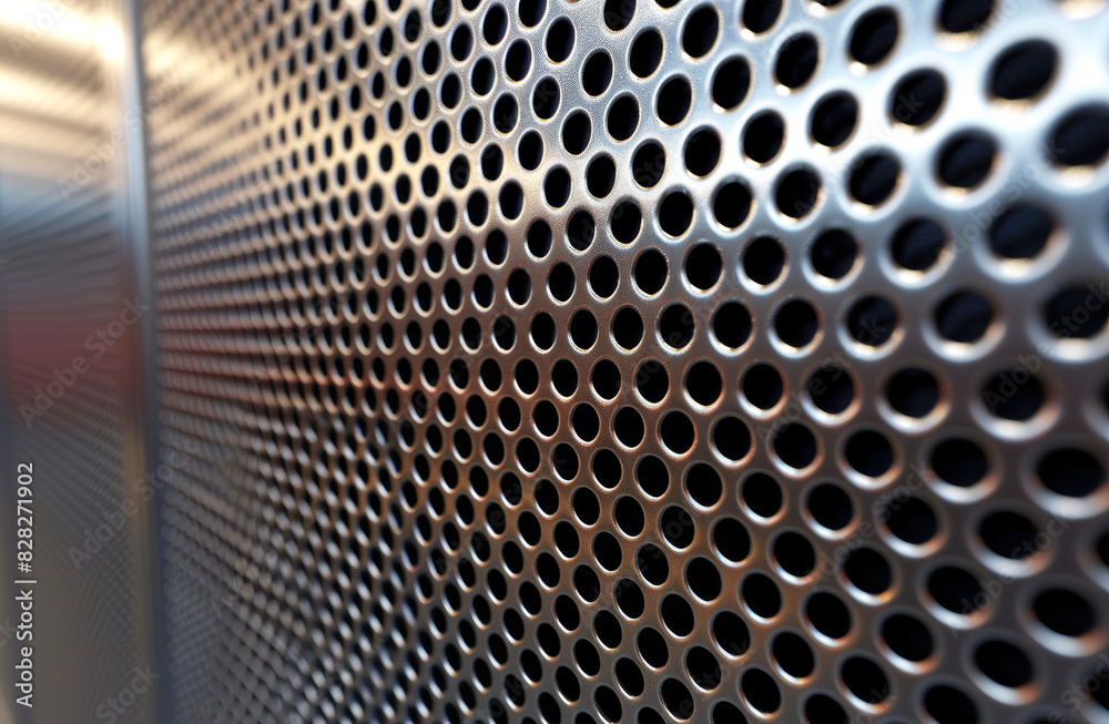 Poster close-up of a perforated metal surface with focused and blurred areas on a soft background, concept 