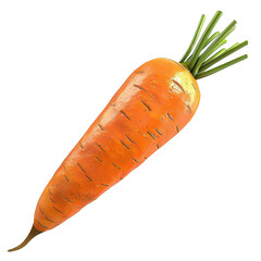 A single, fresh orange carrot with green leafy top, isolated on black background.