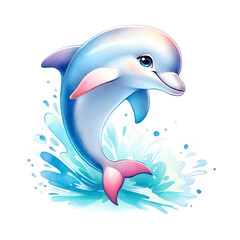 Naklejka premium An illustration for summer, rendered in watercolor style, Dolphin clipart leaping out of the water.