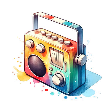 recommend clip art: An illustration for summer, rendered in watercolor style, Beach radio clipart playing summer tunes.