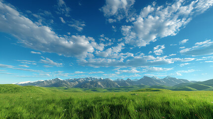 Obraz premium there is a field of grass with mountains in the background