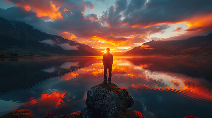  Man in silhouette standing on a rock overlooking a lake at sunset - Powered by Adobe