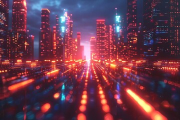 Obraz premium Futuristic neon cityscape with illuminated skyscrapers and glowing streets, showcasing advanced urban technology and vibrant night lights.