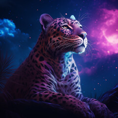 leopard in the night sky with stars and clouds