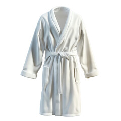 White bathrobe with a sash and a pocket on the left side.