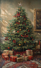 Fototapeta premium painting of a christmas tree with presents and a star on top