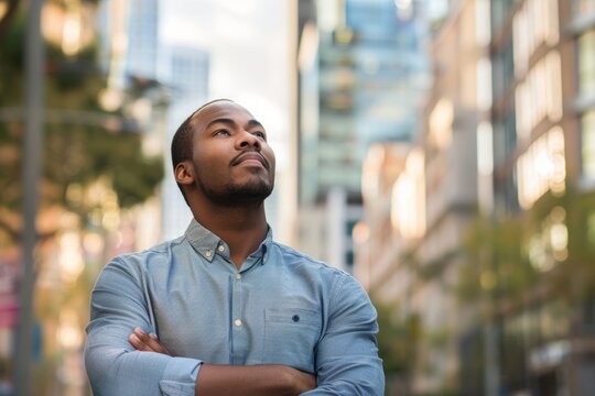 Confident man with arms crossed looking up in an urban setting