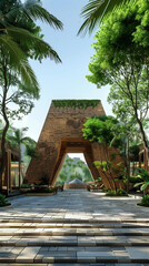 there is a very large wooden structure with a very tall arch
