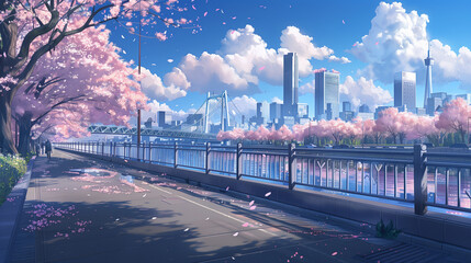 anime scenery of a city with a river and a bridge