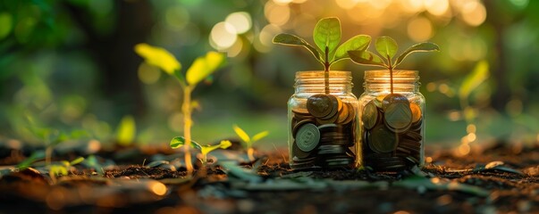 Two young plants sprouting from jars filled with coins in a natural outdoor setting, symbolizing financial growth and investment.