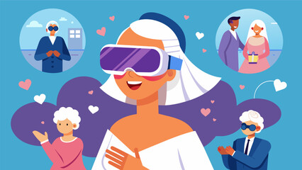 Naklejka premium A senior woman with dementia experiencing a virtual reality setup that allows her to relive her wedding day and see her loved ones who have passed bringing her comfort and joy.. Vector illustration