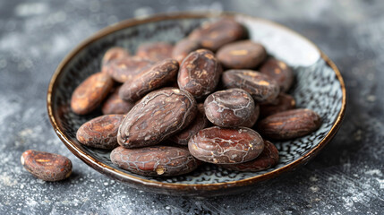 Close up of dried tonka beans on a gray plate