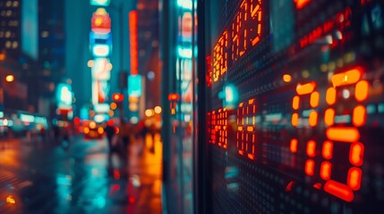 Obraz premium Vibrant city street at night featuring illuminated digital stock tickers and colorful neon lights, creating a bustling urban atmosphere.