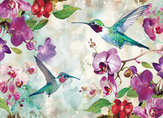 there are two hummingbirds flying over a bunch of flowers