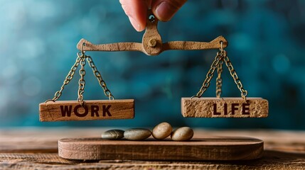 Wooden balance scale with work and life text on pebbles highlights work life balance concept