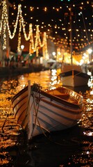 Vibrant, illuminated boats adorned in decorations against the backdrop of the night sky